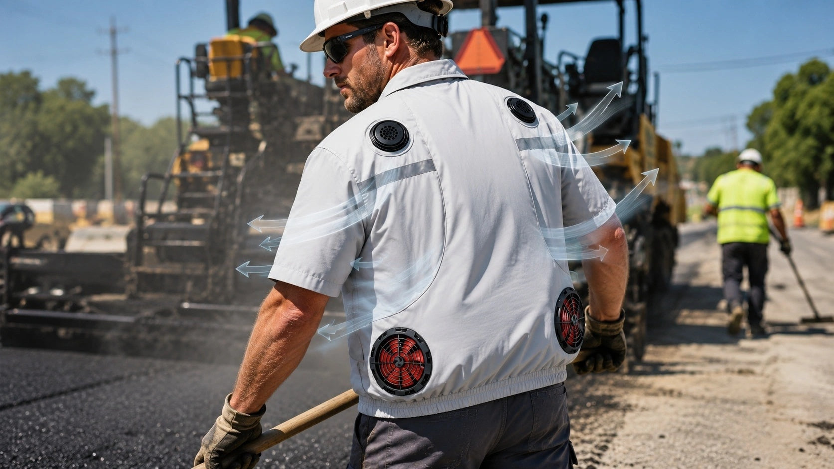 worker wearing white fan cooling shirt at construction worksite