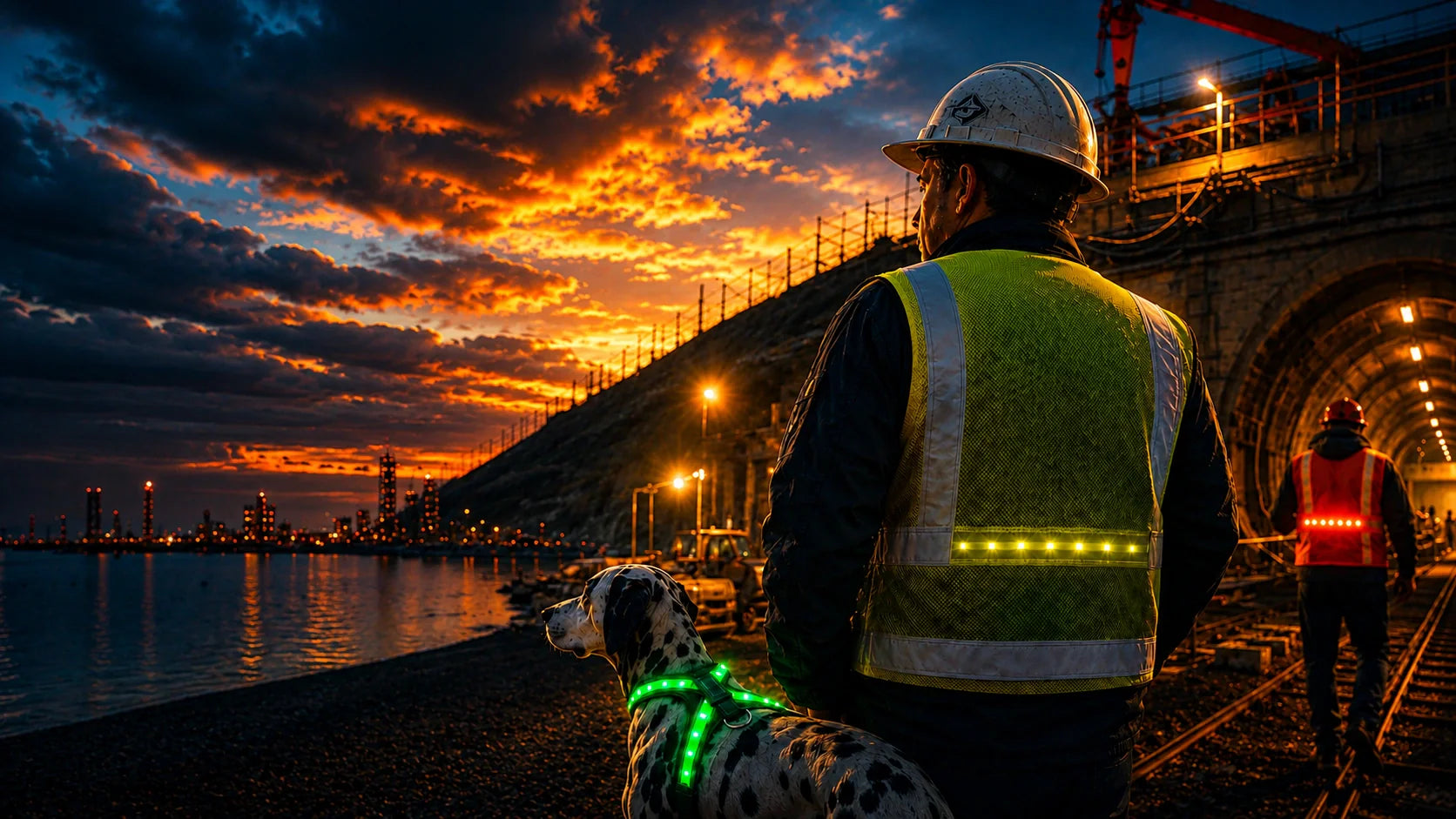 Construction worker wearing an LED safety vest standing beside a dog with an illuminated LED harness at an industrial railway site at dusk