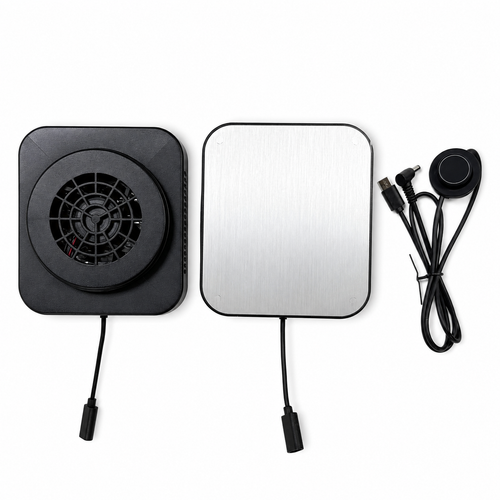 12V Peltier cooling module with high-speed fan and stainless-steel cooling plate on white background