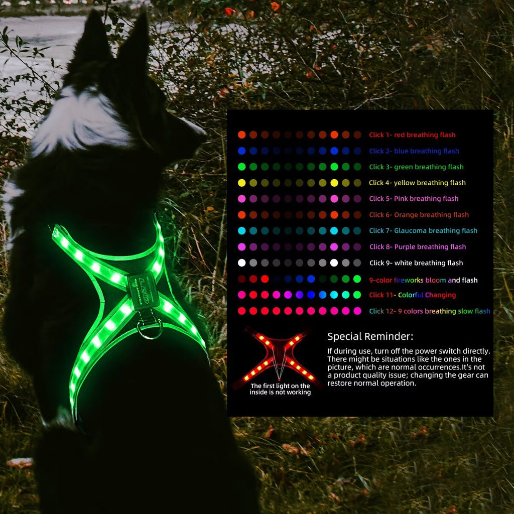 12-Mode LED Dog Harness, Rechargeable Color Changing Pet Vest with Light Strip, Adjustable & Breathable High Visibility Safety Harness for Small Medium Large Dogs, Perfect for Night Walking & Outdoor Activities
