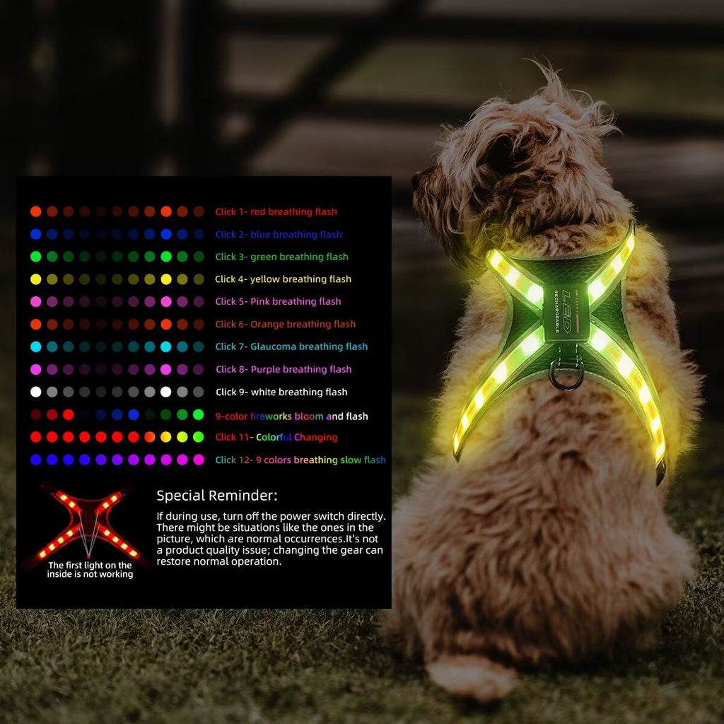 12-Mode Color Changing Dog Harness with LED Light Strip - USB Rechargeable, High Visibility Safety Vest for Night Walking, Running & Camping