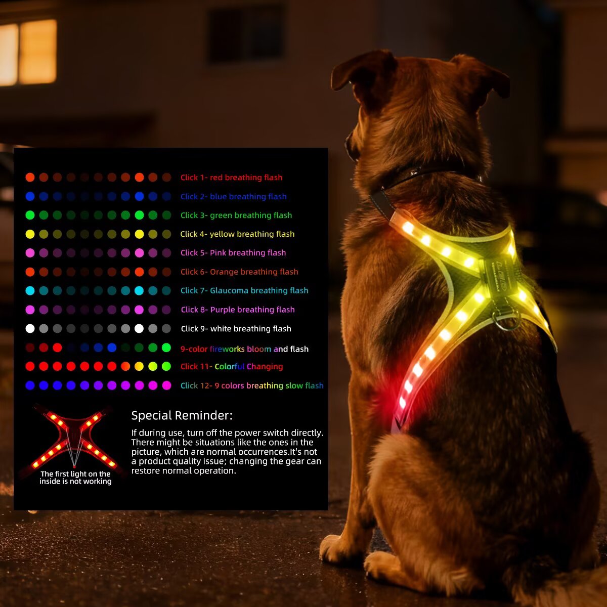 12-Mode LED Color Changing Pet Harness - Rechargeable & Adjustable