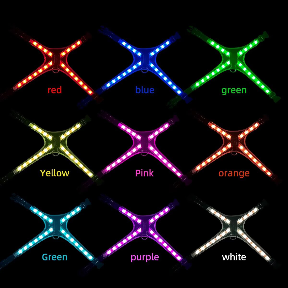 12-Mode Color Changing Dog Harness with LED Light Strip - USB Rechargeable, High Visibility Safety Vest for Night Walking, Running & Camping