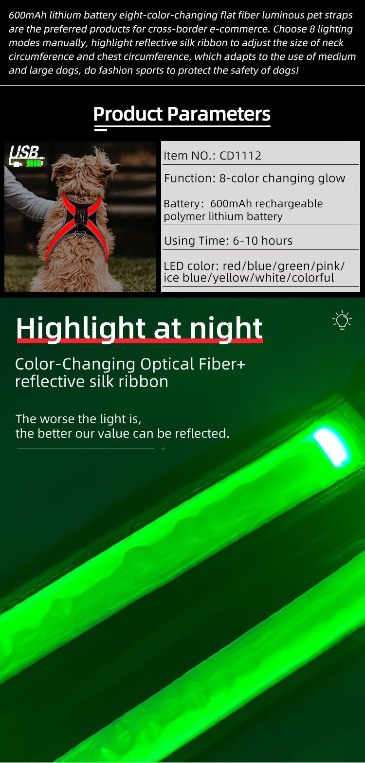 Wholesale 12-Color Changing Fiber Optic LED Dog Leash - High-Visibility Active Safety Pet Lead, Low MOQ 100pcs