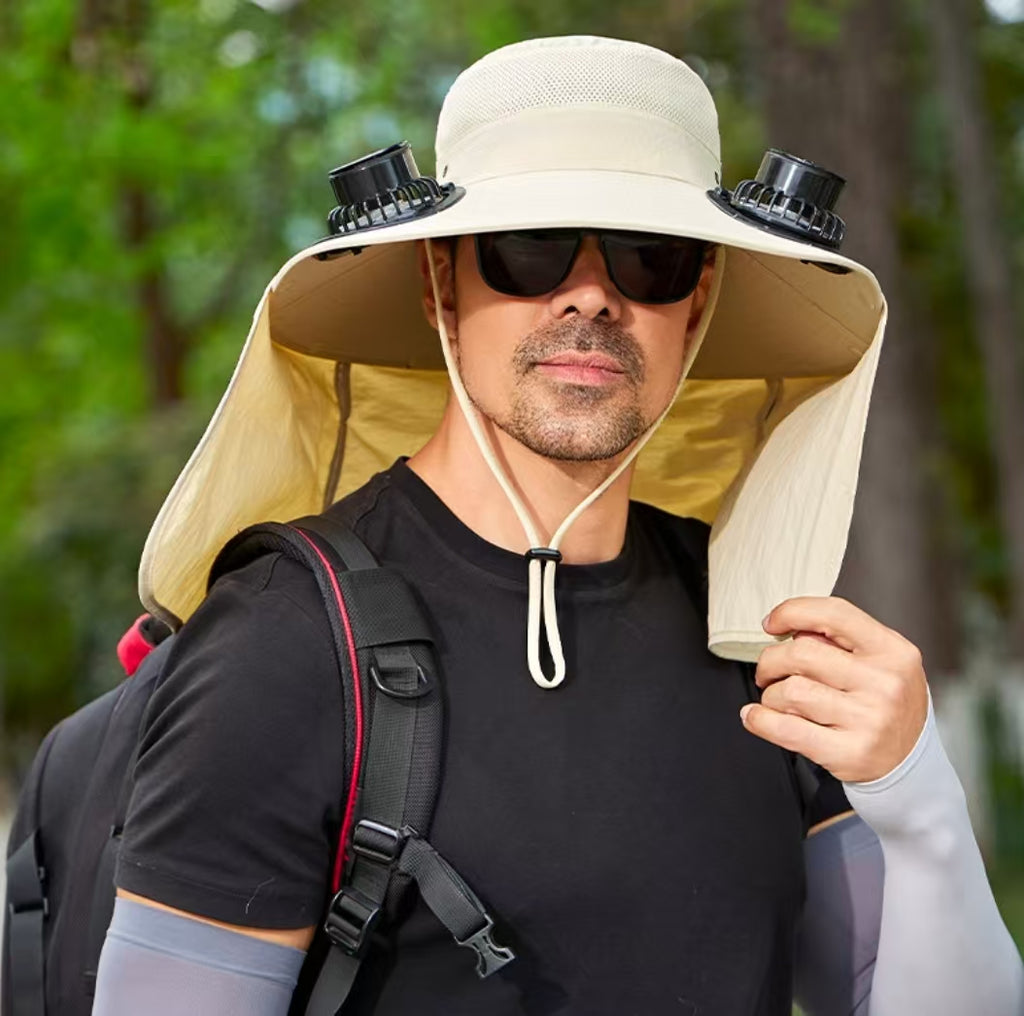 Dual Solar Charging Bucket Hat with Dual Fans - Lightweight Breathable UV Protection Sun Hat for Fishing, Hiking, Camping & Outdoor Work - Beige