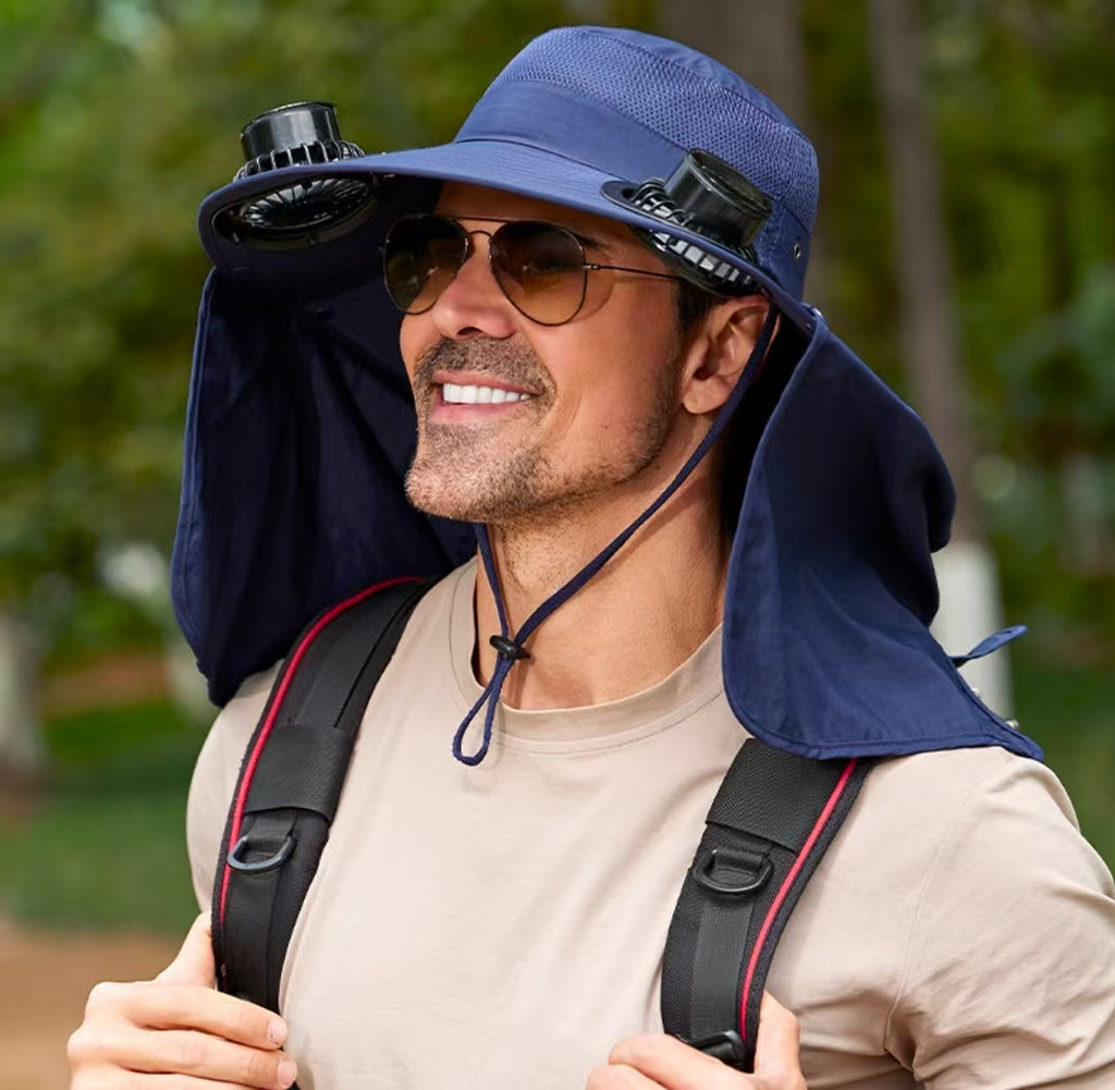 Dual Solar Charging Bucket Hat with Dual Fans - Lightweight Breathable UV Protection Sun Hat for Fishing, Hiking, Camping & Outdoor Work - Blue