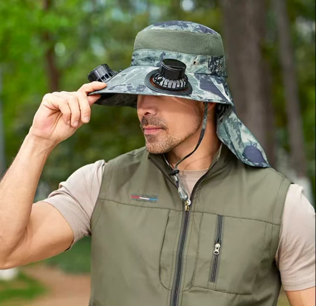 Dual Solar Charging Bucket Hat with Dual Fans - Lightweight Breathable UV Protection Sun Hat for Fishing, Hiking, Camping & Outdoor Work - Camouflage