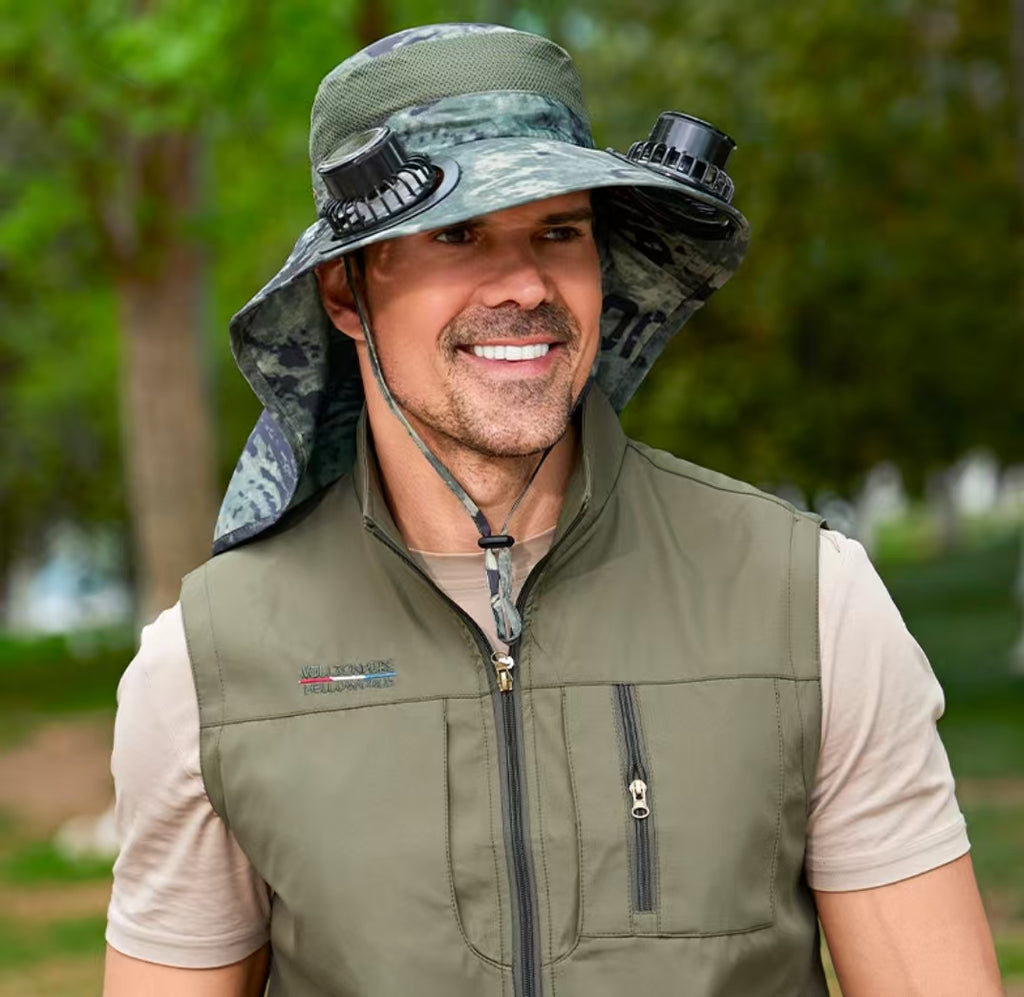 Dual Solar Charging Bucket Hat with Dual Fans - Lightweight Breathable UV Protection Sun Hat for Fishing, Hiking, Camping & Outdoor Work - Camouflage