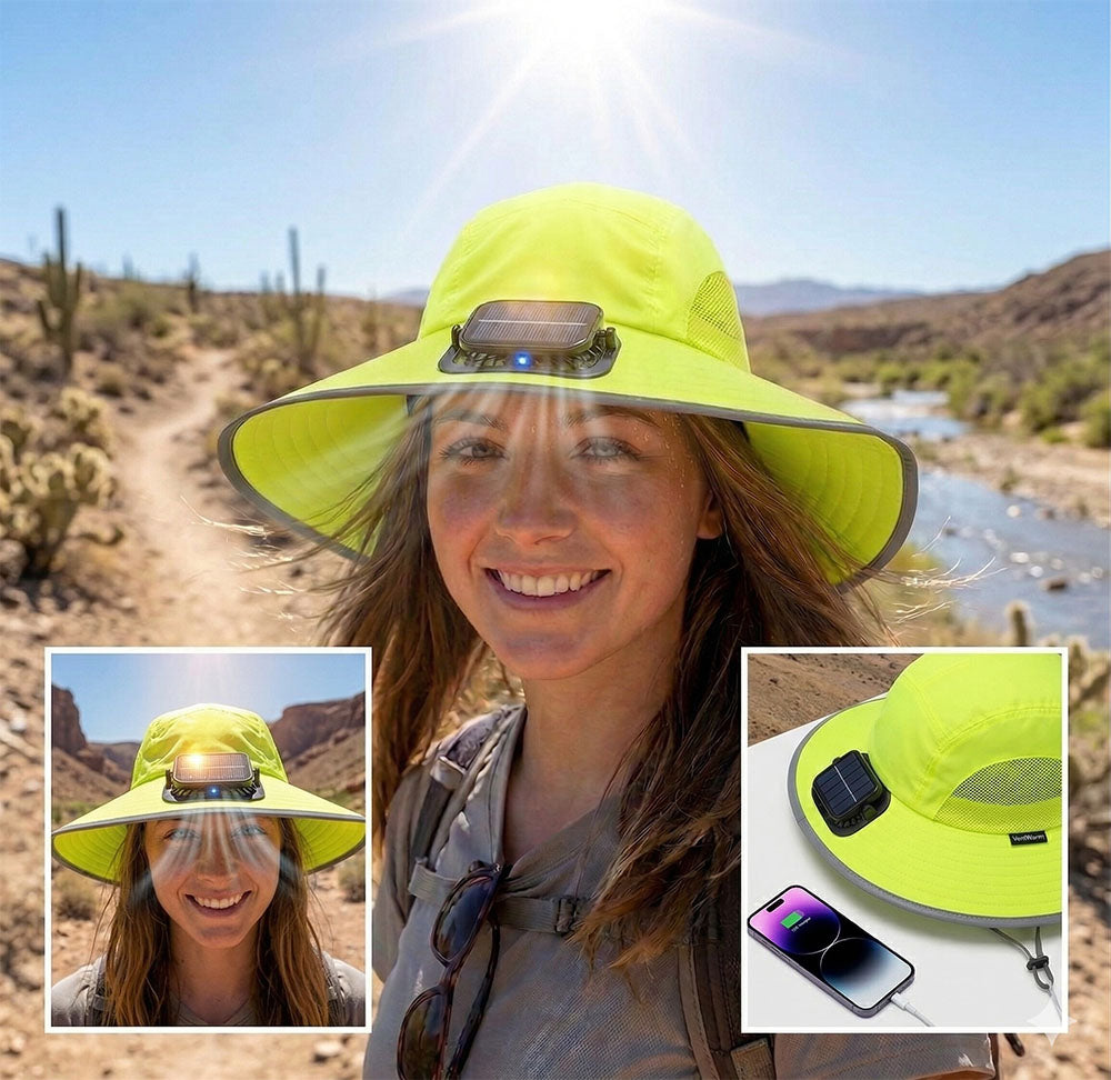 Dual Solar Charging Bucket Hat with Dual Fans - Lightweight Breathable UV Protection Sun Hat for Fishing, Hiking, Camping & Outdoor Work - Fluorescent Green