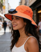 Dual Solar Charging Bucket Hat with Dual Fans - Lightweight Breathable UV Protection Sun Hat for Fishing, Hiking, Camping & Outdoor Work - Tangerine Orange