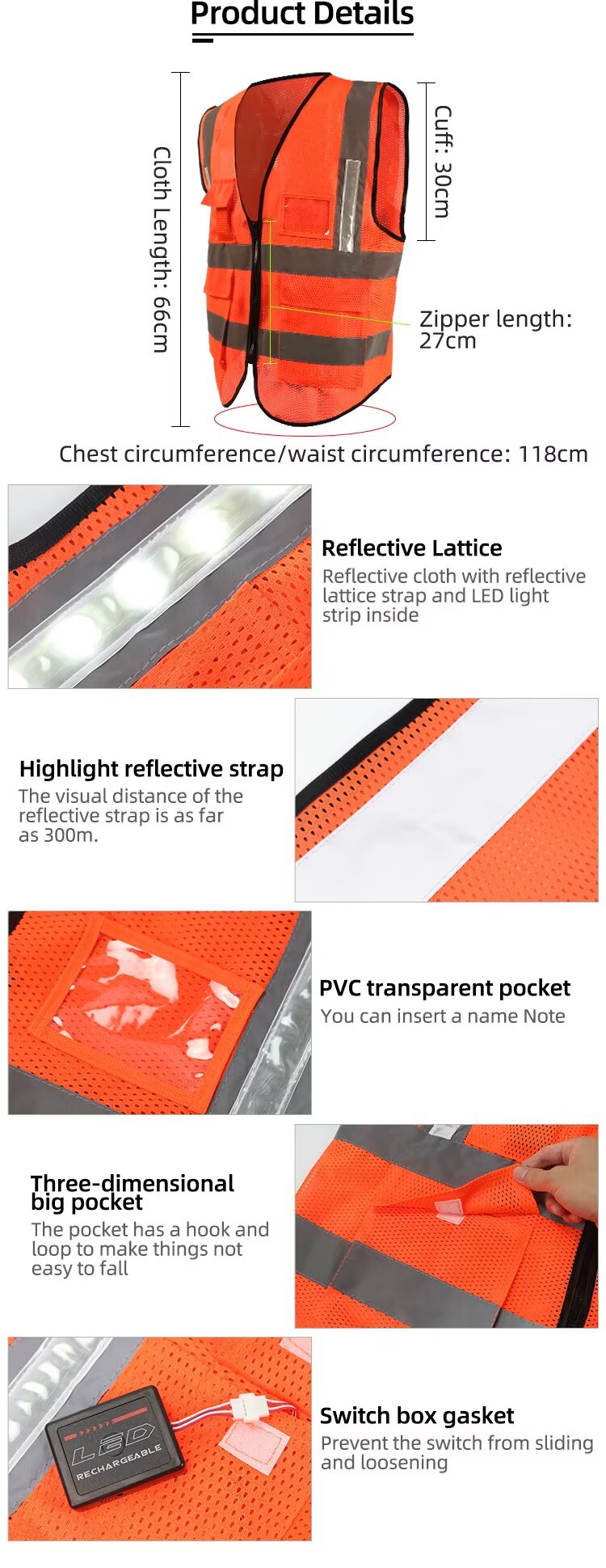 High-Viz Smart Warning Light for Orange Lattice Mesh Vests | Industrial Safety Flashing Strip for Roadwork, Construction & Site Safety