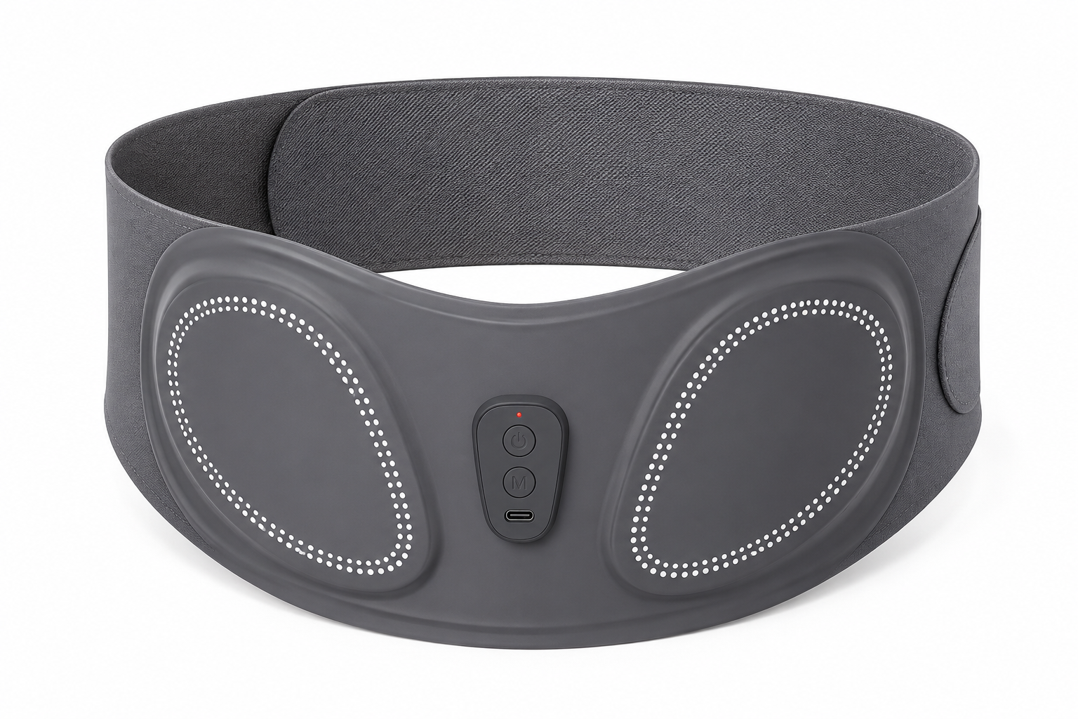 Gray EMS/TENS heated massage belt with wraparound strap, central control panel and two contoured front pads on white.