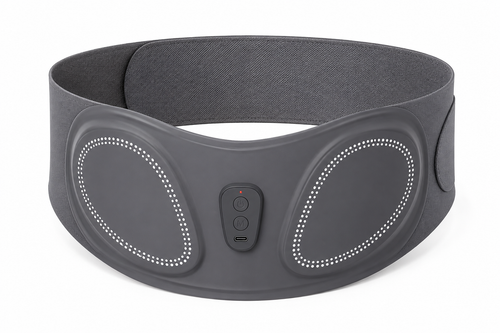 Gray EMS/TENS heated massage belt with wraparound strap, central control panel and two contoured front pads on white.