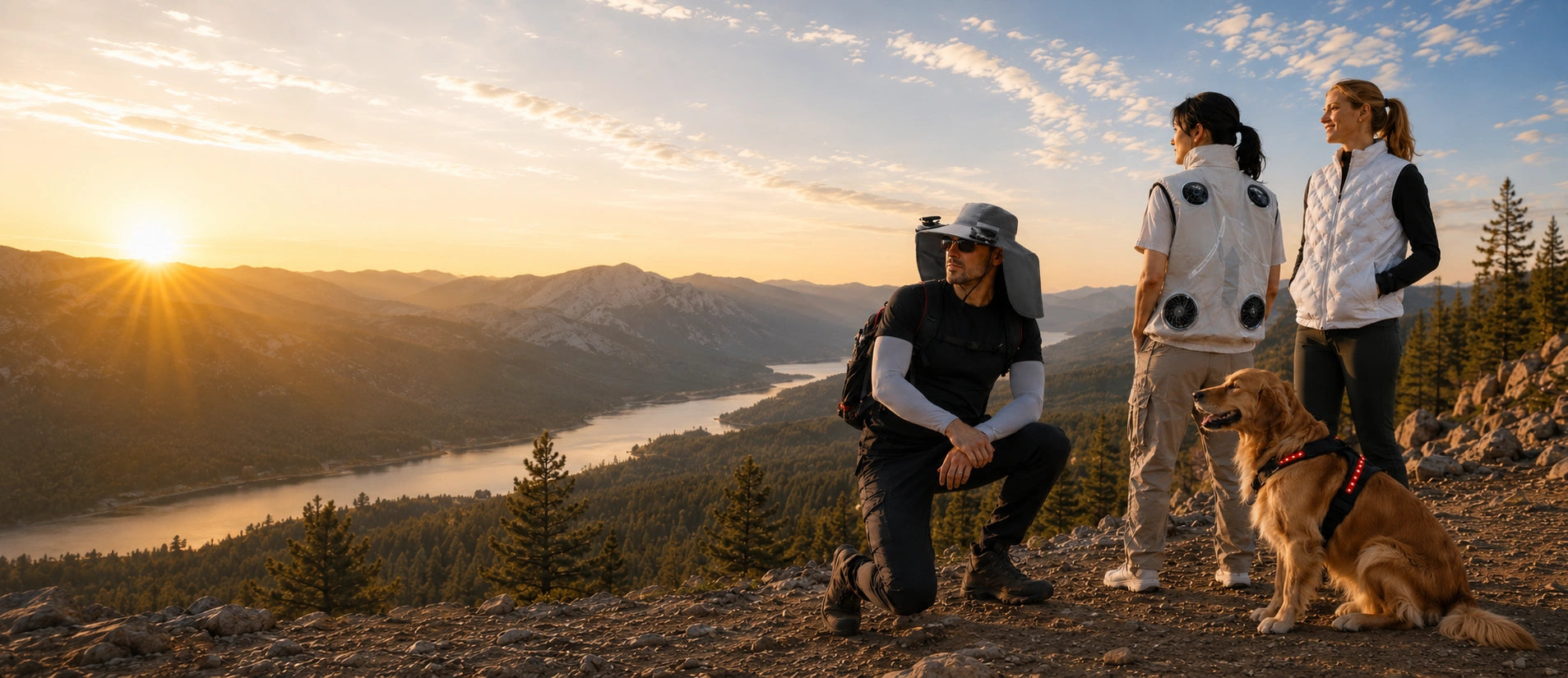 People, dog, and outdoor comfort gear on a mountain trail at sunset with cooling vest, solar fan hat, and LED dog harness.